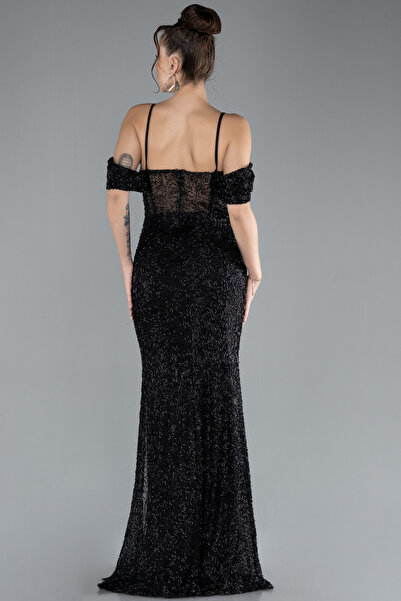 Abiyefon Siyah Bacak Ve Omuz Dekolteli Uzun Boncuklu Abiye ABU4394