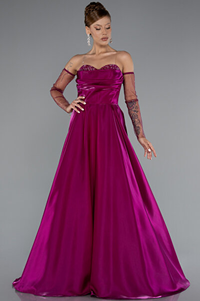 Abiyefon Fuşya Straplez Uzun Tül Kol Tafta Abiye Elbise ABU3604