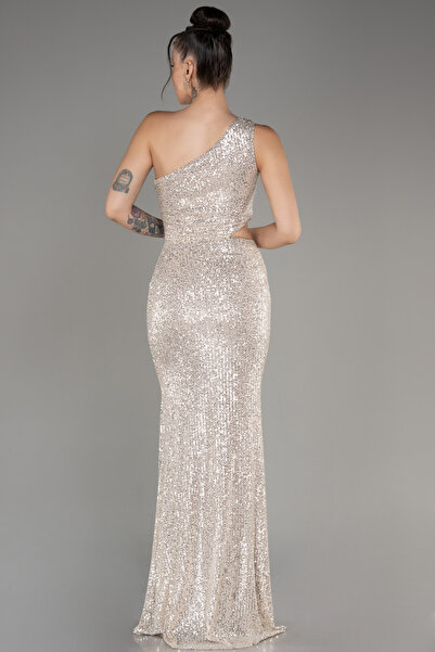 Abiyefon Bej Tek Omuz Cut Out Yırtmaçlı Pul Payet Abiye ABU3904