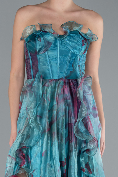 Abiyefon Petrol Yeşili Straplez Yırtmaç Uzun Empirme Şifon Abiye ABU4734