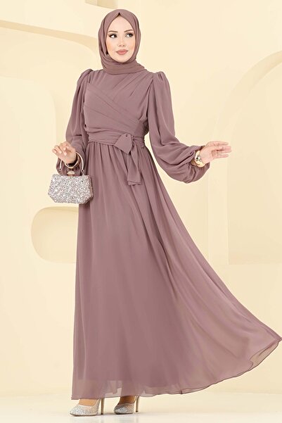 ModaMerve Yandan Bağlamalı Şifon Abiye 8110AB368-MS Pudra Vizyon