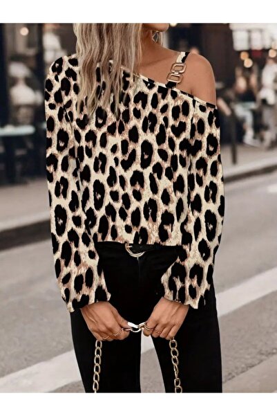 Kokosh moda Γυναικεία μπλούζα με μακρύ μανίκι με ανοιχτό ώμο με αγκράφα με λεοπάρ στάμπα