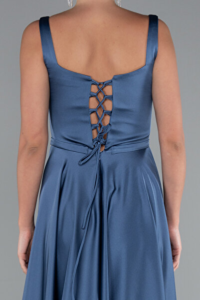 Abiyefon İndigo Askılı Kare Yaka Uzun Saten Mezuniyet Elbisesi ABU5059