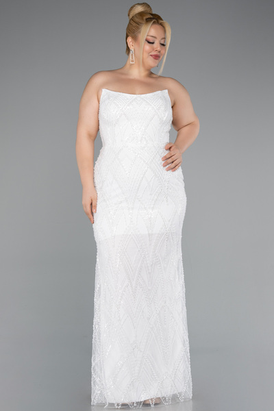 Abiyefon Ekru Straplez Boncuklu Uzun Büyük Beden Abiye ABU4789