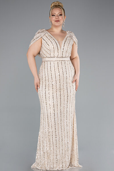 Abiyefon Bej Dantel Uzun Büyük Beden Nişan Elbisesi ABU4948