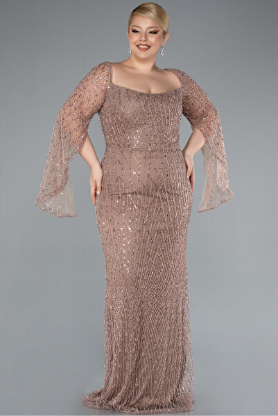 Abiyefon Bakır Kare Yaka Uzun Kol Boncuklu Büyük Beden Abiye ABU4640