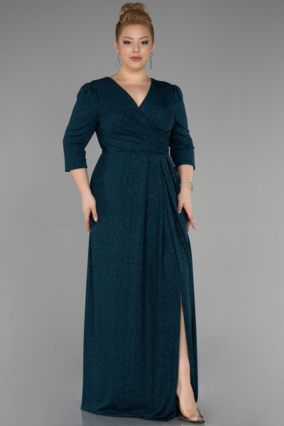 Abiyefon Zümrüt Yeşili Kapri Kol Uzun Simli Büyük Beden Abiye ABU3504