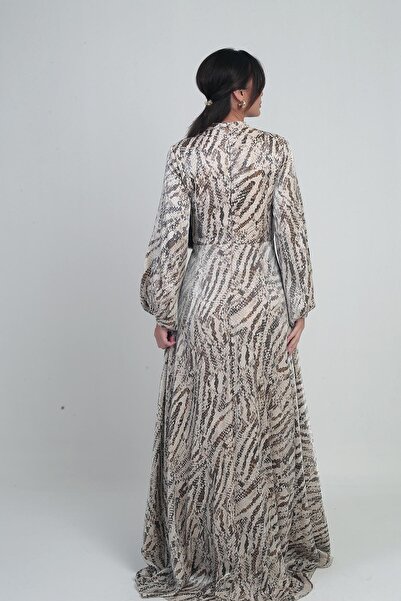 By Saygı Women's Front Gathered Handkerchief Detailed Snake Patterned Crepe Satin Long Dress