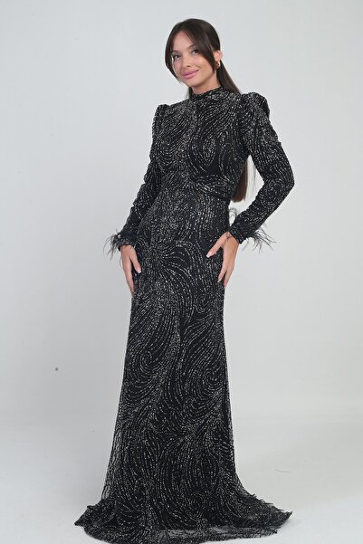 By Saygı Women's Long Dress with Feather Sleeves, Beaded and Sequined Lining, Tulle