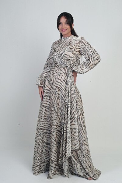 By Saygı Women's Front Gathered Handkerchief Detailed Snake Patterned Crepe Satin Long Dress