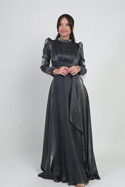 By Saygı Women's Draped Front Flounce Detailed Lined Sleeves Feathered Griter Chiffon Long Flared Dress