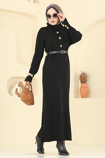 ModaMerve Accessory Buttoned Knitwear Dress 8362Kl398-Ms Black