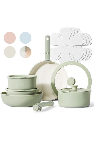 CAROTE مجموعة أدوات طهي من 15 قطعة، طقم أواني ومقالي غير لاصقة، آمنة للاستخدا...