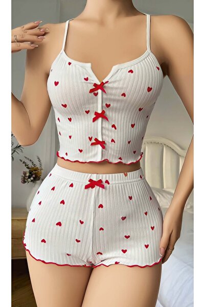 Ruselin Women's White Heart Patterned Crop Strap Mini Shorts Pajama Set