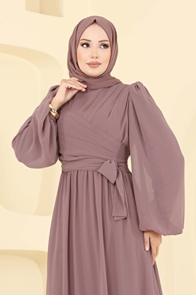 ModaMerve Yandan Bağlamalı Şifon Abiye 8110AB368-MS Pudra Vizyon