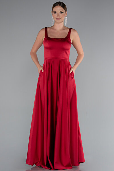 Abiyefon Bordo Askılı Kare Yaka Uzun Saten Mezuniyet Elbisesi ABU5059