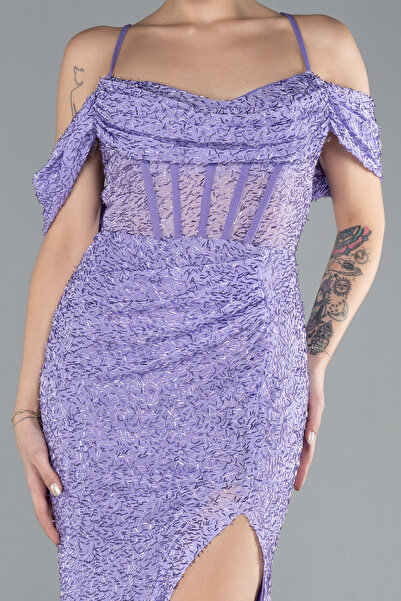 Abiyefon Lila Bacak Ve Omuz Dekolteli Uzun Boncuklu Abiye ABU4394