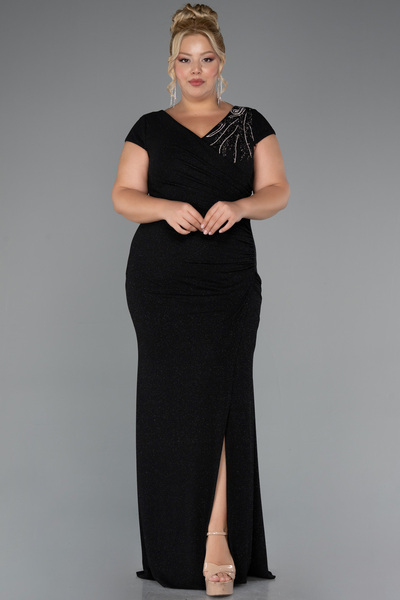 Abiyefon Siyah Kısa Kol V Yaka Uzun Simli Büyük Beden Abiye ABU5317