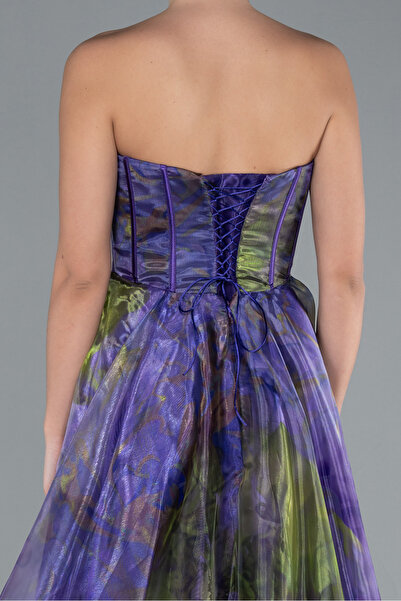 Abiyefon Mor Straplez Yırtmaçlı Uzun Empirme Şifon Abiye ABU4734