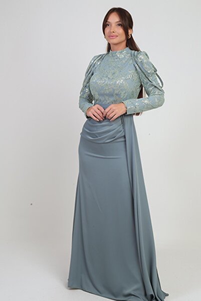 By Saygı Women's Sequin Detailed Skirt with Gathered Lining Chiffon Long Dress