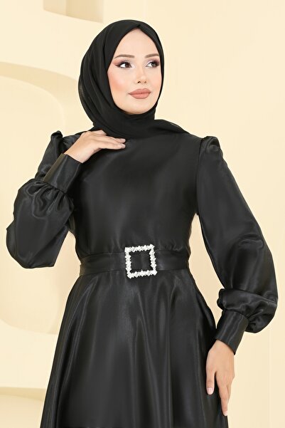 ModaMerve Kemeri Taşlı Saten Abiye ASM2753-MS Siyah