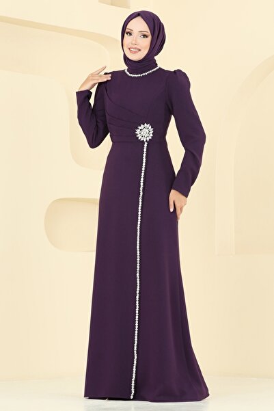 ModaMerve Taş Detaylı Krep Abiye 8116ABK1075-MS Mor