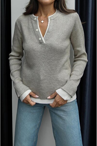 Havoş Vizon Çift Yakalı Düğmeli Kazak