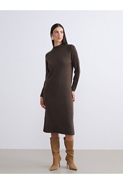 LC Waikiki Lcwaikiki Classic Brown Half Turtleneck Slit Knitwear Dress