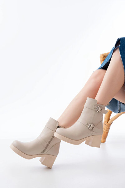 DEAG 5109-3027 Bej Topuklu Fermuarlı Günlük Kadın Bot