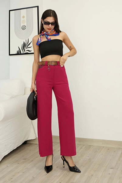 lodmela Palazzo Fabric Trousers with Accessories and Belt Detail 6115-Fuchsia