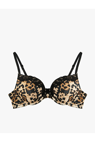 Koton Sutien din satin cu model leopard, cu detalii din dantelă