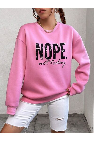 Mythologie Nope Day Winter Thick Sweatshirt - Dusty Pink Printed Oversized Cr...