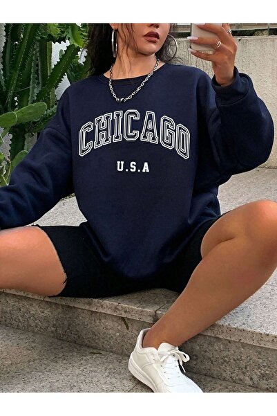 coolart Hanorac Chicago U.S.A - Gâtul de bicicletă supradimensionat cu imprim...