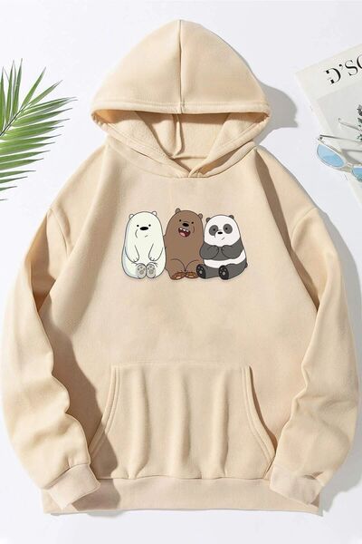 SeusCraft Φούτερ Kafadar Bears - Μπεζ με στάμπα, υπερμεγέθης, με κουκούλα