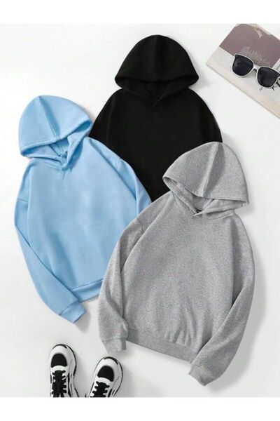 SeusCraft Φούτερ Basic Plain 3 τεμαχίων - Μαύρο Γκρι Baby Blue Oversize Hoodi...