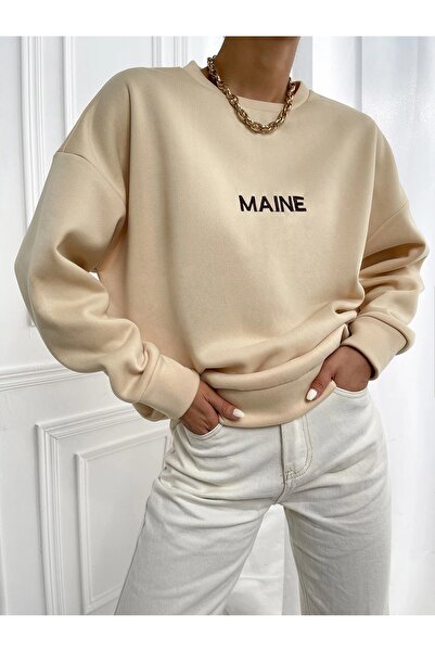 Mythologie Maine Winter Thick Sweatshirt - Beige Printed Oversize Ribbed Crew...