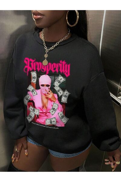 Mythologie Просперити жена суитшърт - черен принт, овърсайз, с велосипедна яка