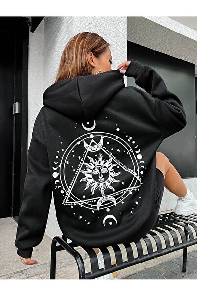 modaberry Φούτερ σε σχέδιο Moon and Sun - Μαύρο εμπριμέ κουκούλα με κορδέλα