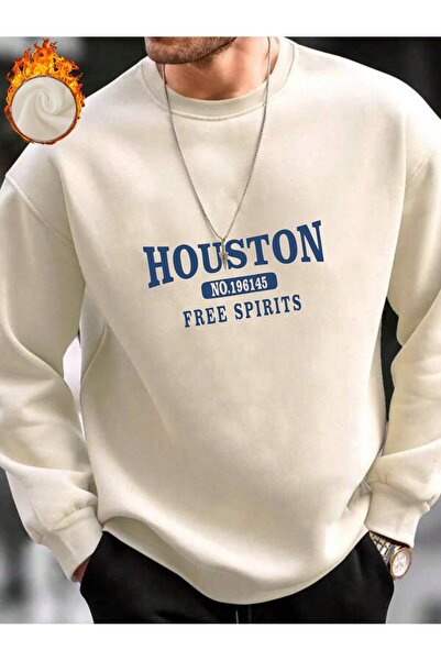 Mythologie Houston196145 Sweatshirt - Beige Printed Oversize Raised Crew Neck