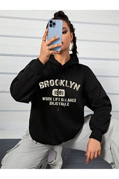 modaberry Hanorac Brooklyn 1981 - Glugă supradimensionată cu imprimeu negru