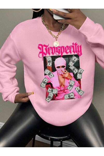 Mythologie Prosperity Woman Sweatshirt - Pink Printed Oversized Crew Neck