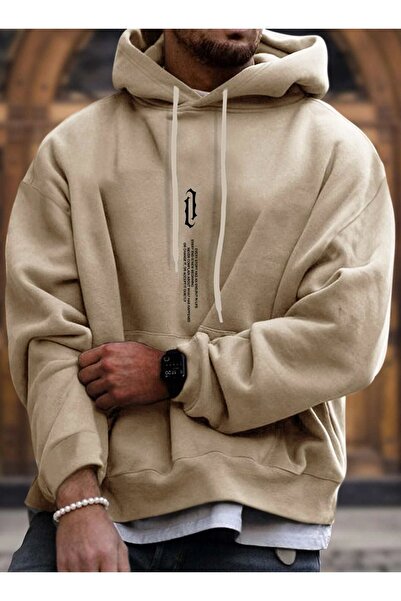 SeusCraft Φούτερ με κάθετο σχέδιο σε μπεζ απόχρωση με στάμπα, oversize, με τσ...