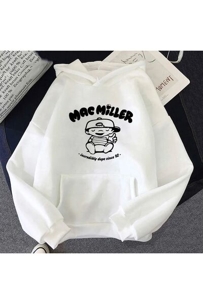 Mythologie Mac Miller Sweatshirt - White Printed Oversize Hoodie with Raised ...