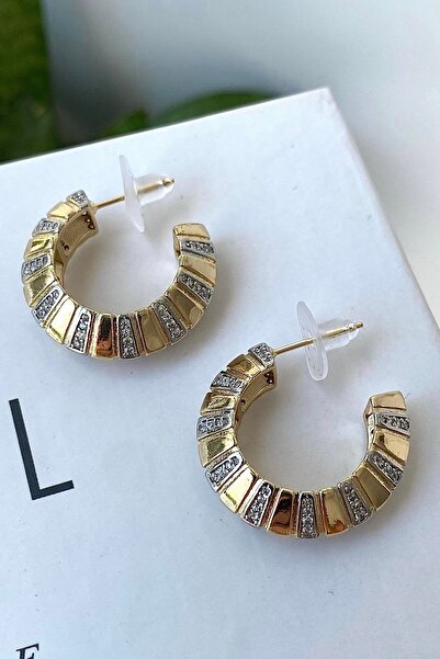 Twinssis Accessories Özel Seri İki Renkli Zirkon Taşlı Yassı Köşegen C Model Küpe