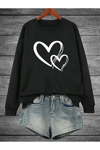 Mythologie Hearts Design Sweatshirt - Black Printed Oversize Raised Crew Neck