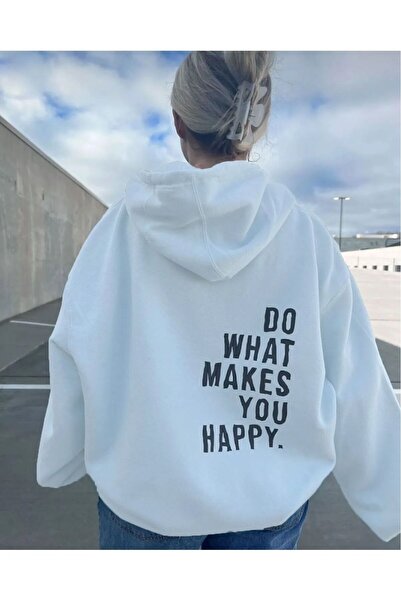 Mythologie Makes You Happy Sweatshirt - White Printed Oversize Hoodie