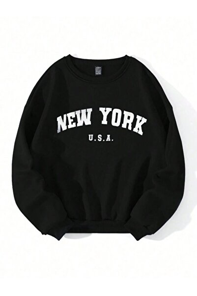 modaberry Χειμερινό χοντρό φούτερ Νέας Υόρκης - Μαύρο με στάμπα Oversize με λ...