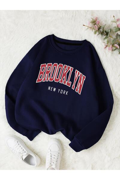 coolart Brooklyn New York Sweatshirt - Lacivert Baskılı Oversize Şardonlu Bisiklet Yaka