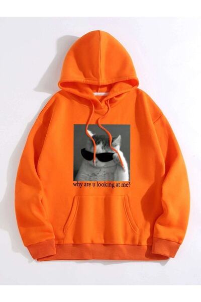 SeusCraft Hanorac supradimensionat cu glugă, cu imprimeu Orange Cat, pentru f...
