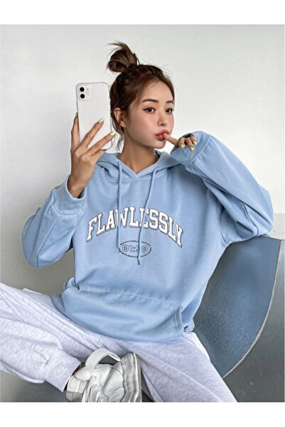 SeusCraft Flawlessly Sweatshirt - Baby Blue printed Oversize Shawl Hoodie